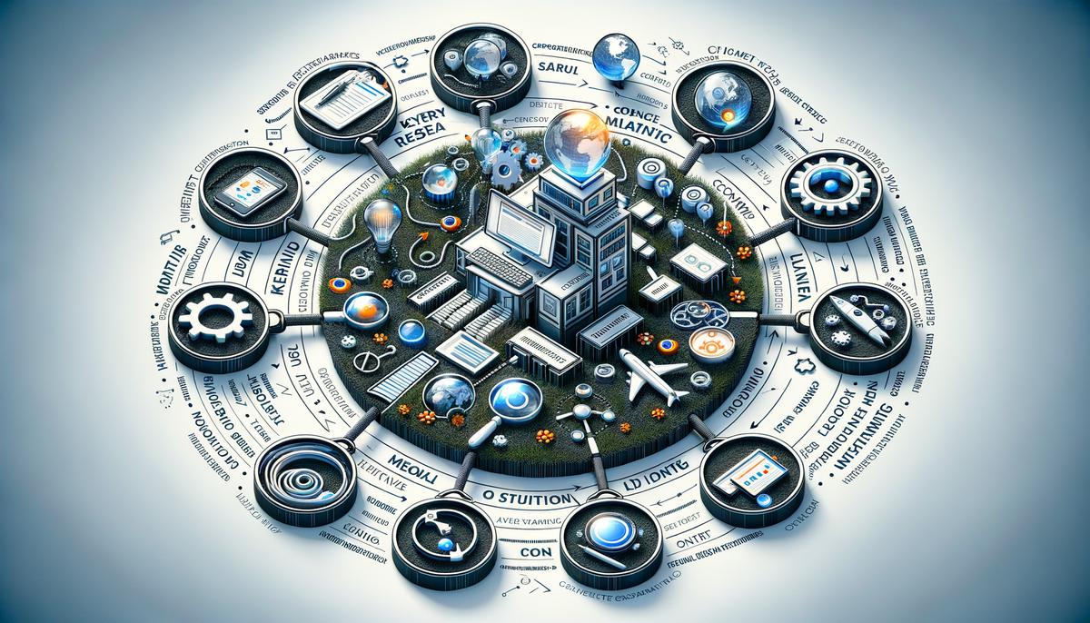 An image of a website being optimized for search engines, showing keyword research, mobile optimization, linking, and content creation