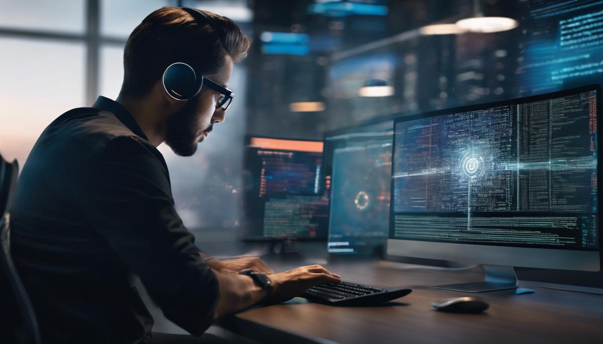 Image showing a person using a computer with AI code in the background, representing the revolution of AI in talent acquisition