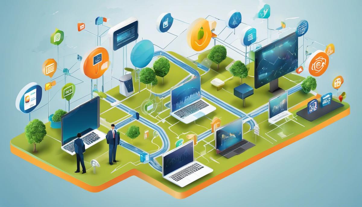 Image of a digital landscape showing interconnected networks with job icons representing employment platforms.