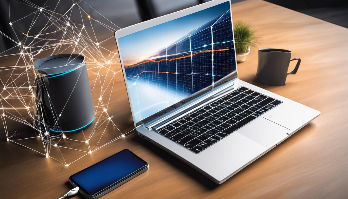 An image showing a laptop and a smartphone connected by lines, representing connectivity and technology in the employment sector.