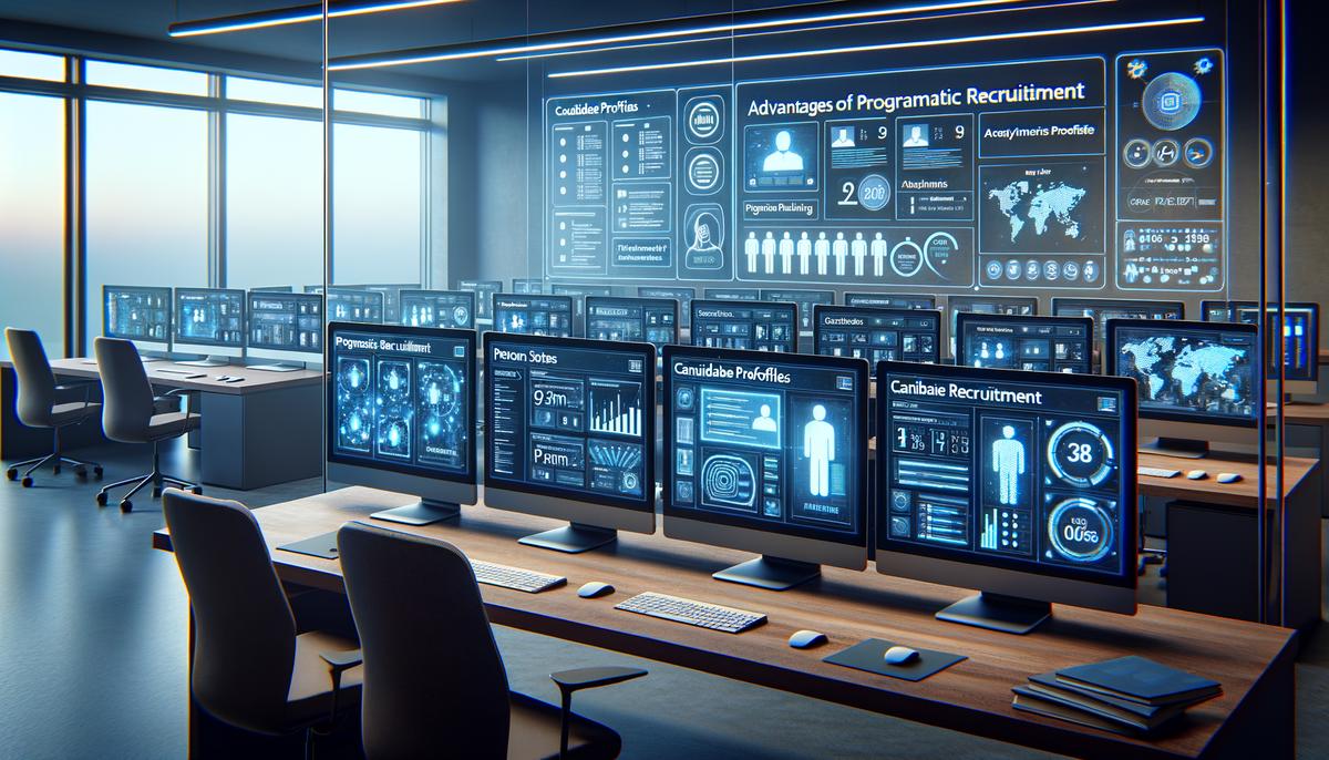 A professional recruitment office with multiple computer screens displaying candidate profiles and job openings, showcasing the benefits of programmatic recruitment