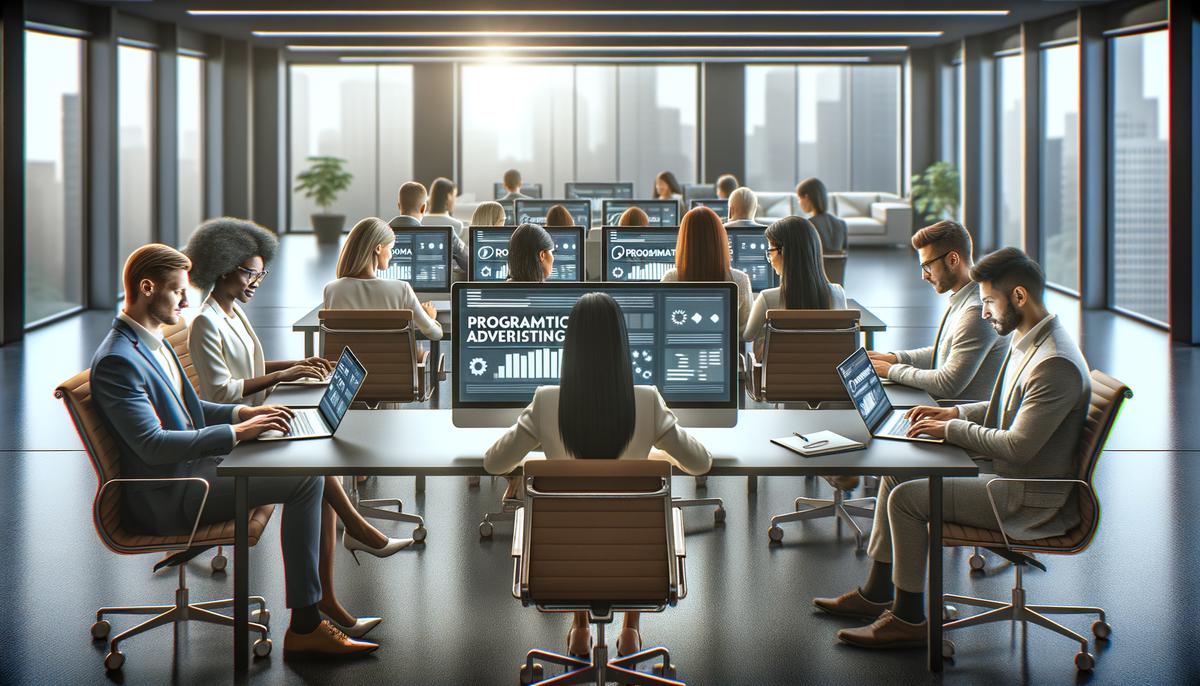 A diverse group of professionals working on laptops in a modern office setting