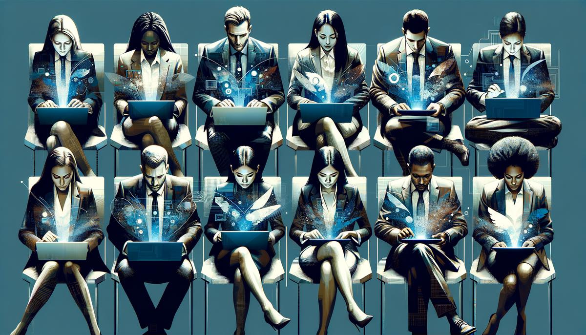 A professional-looking image showcasing a diverse group of individuals engaging with personalized job ads on various digital devices.