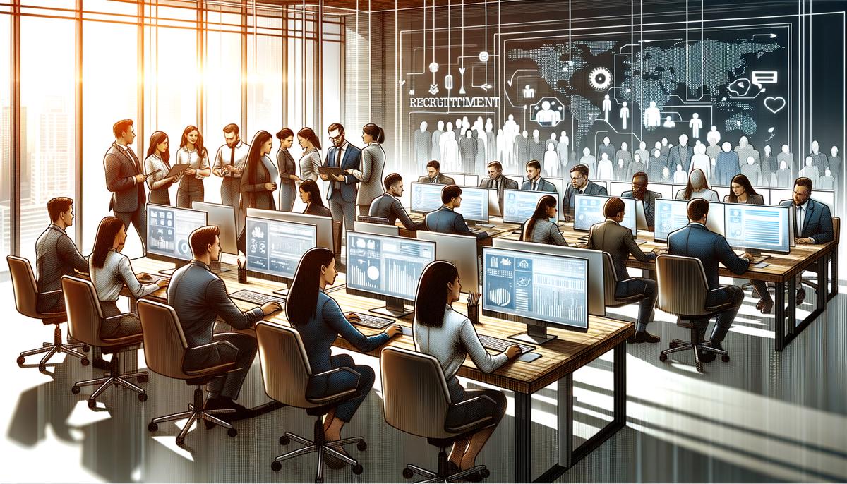 A professional and modern office setting with a diverse group of employees working on computers and discussing recruitment strategies.