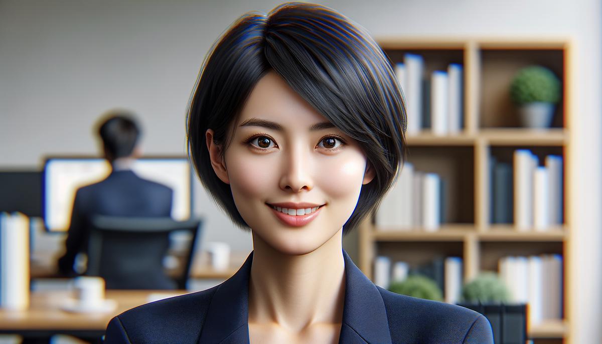 A realistic artificial intelligence generated headshot of an Asian businesswoman smiling confidently, wearing a blazer with an office background
