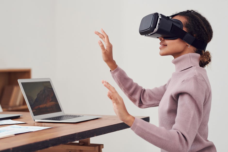 An image depicting a person wearing a virtual reality headset, participating in a virtual job interview or onboarding session.